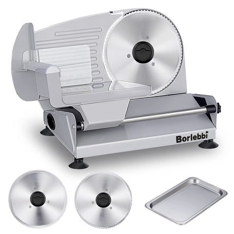 Cortadora de carne Borlebbi muestra potencia de 200W para cortes rápidos y uniformes.