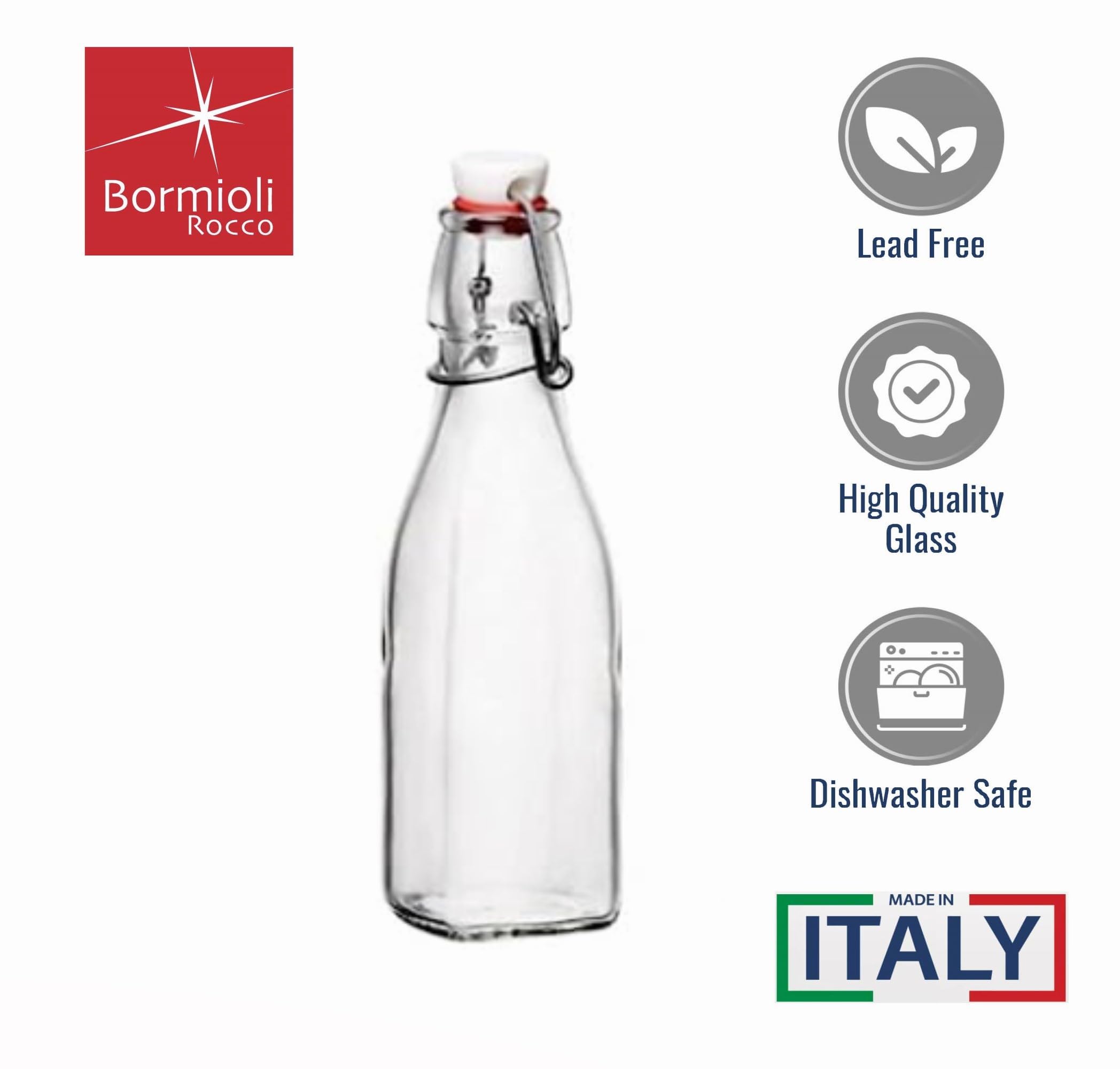 Botella de vidrio claro Bormioli Rocco muestra líquidos con claridad.