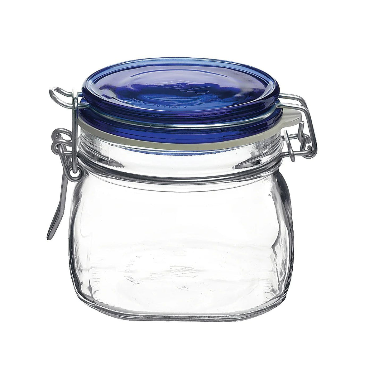 Frasco Bormioli Rocco Fido con tapa azul para conservar alimentos.