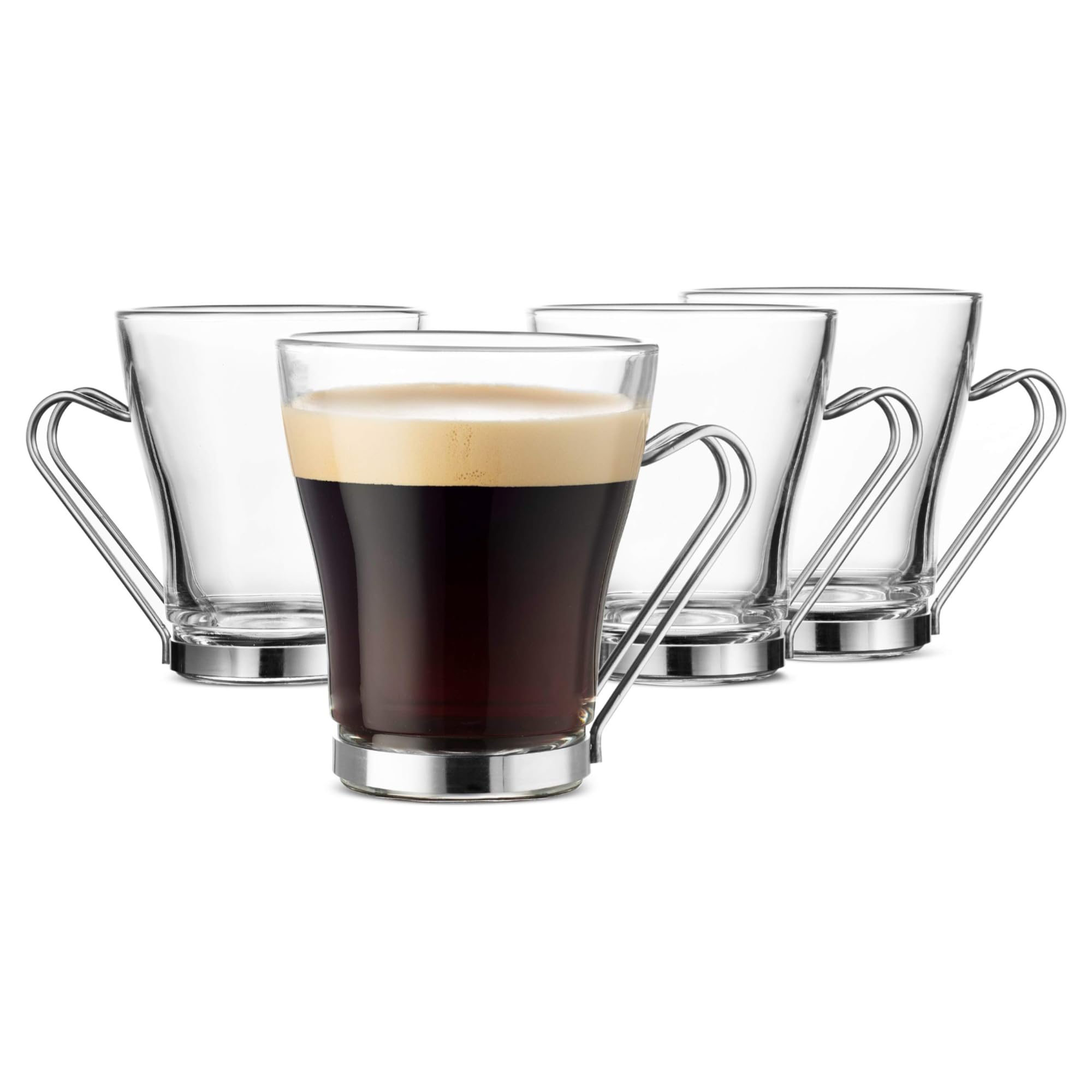 Taza Oslo de Bormioli Rocco con manija metálica removible, estilo moderno.