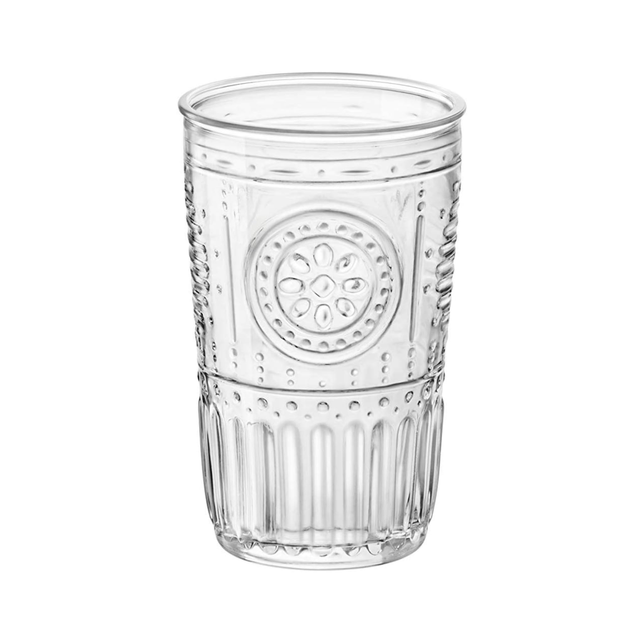 Vasos altos Bormioli Rocco Romántico con grabado floral, ideales para bebidas largas.