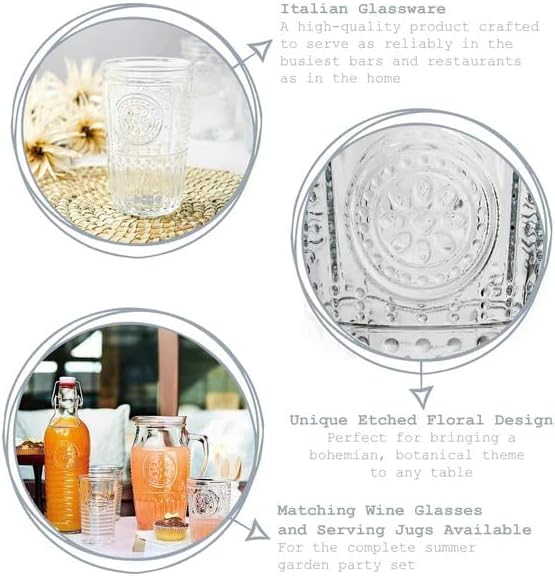 Vasos Romántico con grabado floral, diseño de Bormioli Rocco para mesas elegantes.