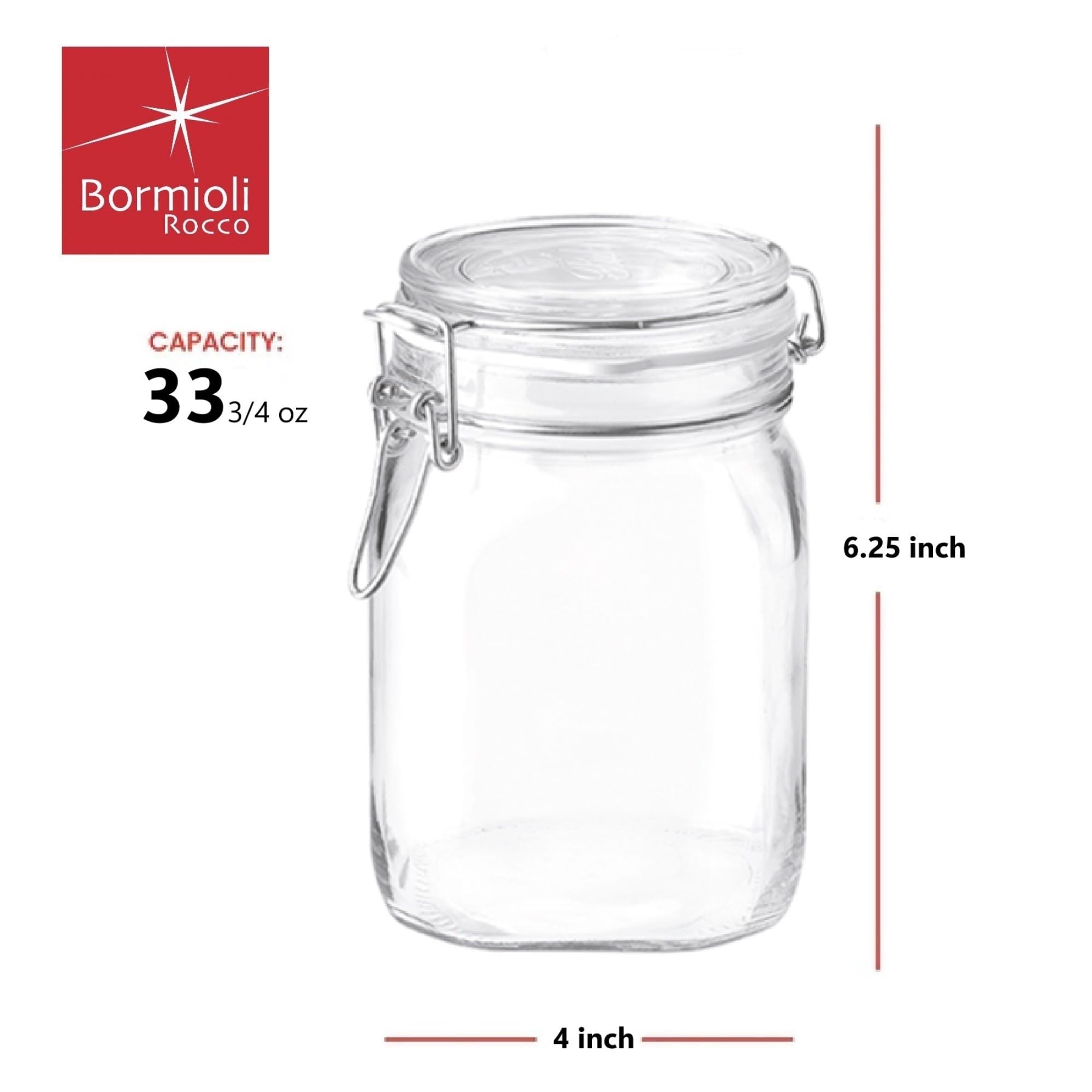 Tarro Bormioli Rocco con boca ancha ideal para almacenamiento a granel.