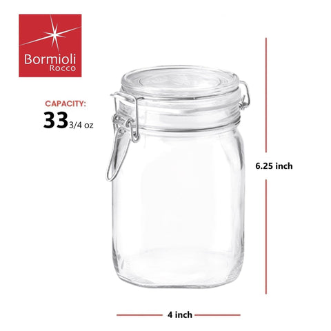 Tarro Bormioli Rocco con boca ancha ideal para almacenamiento a granel.