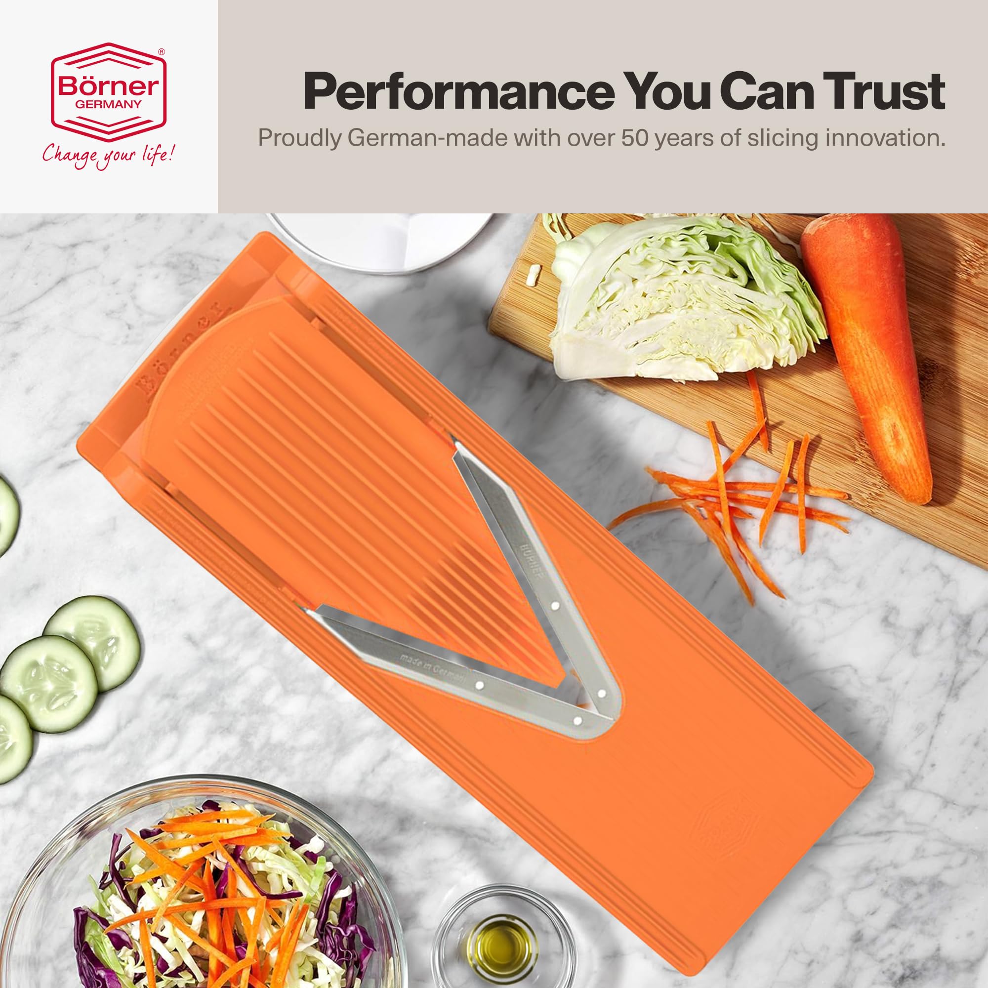Börner V-Slicer Plus Set, ejemplos de cortes uniformes para ensaladas