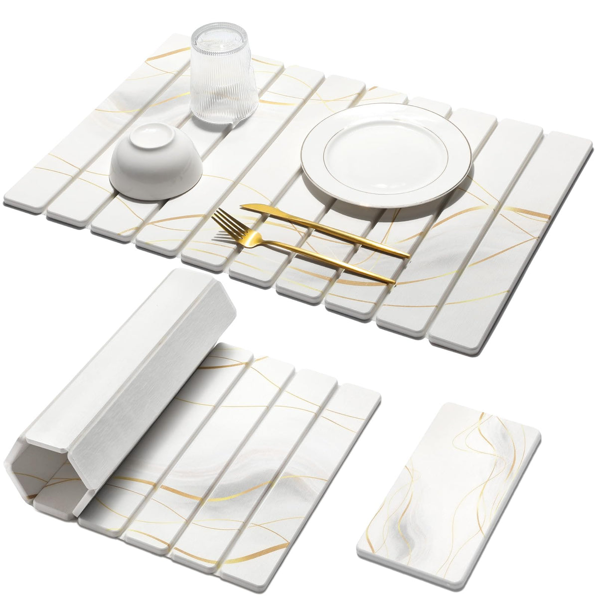 Bornerwhite tapete secado de piedra grande, mármol blanco con dorado para encimeras secas.