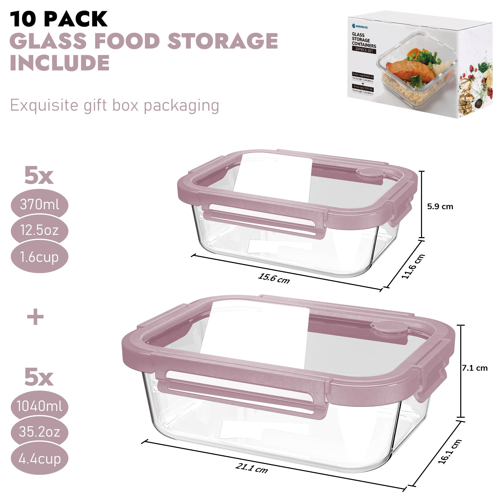 BOROHOUSE botes vidrio 370ml, perfecto para snacks y porciones pequeñas.