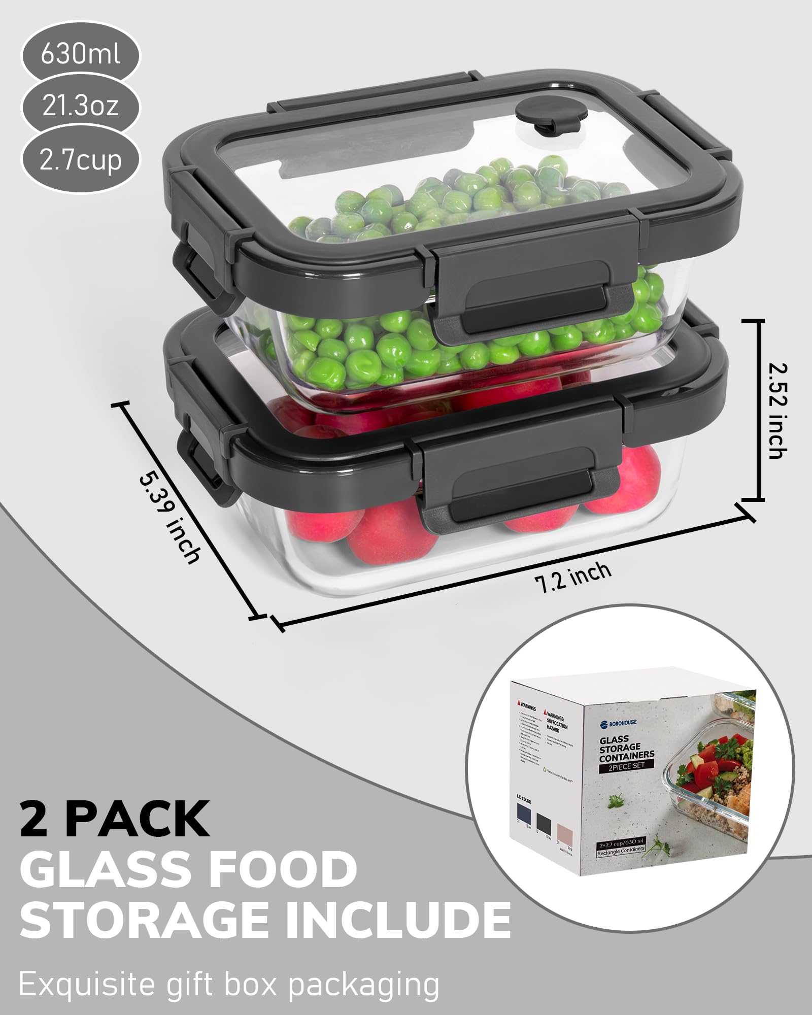 borohouse juego de recipientes de vidrio 630 ml con cierre hermético para conservar frescura.