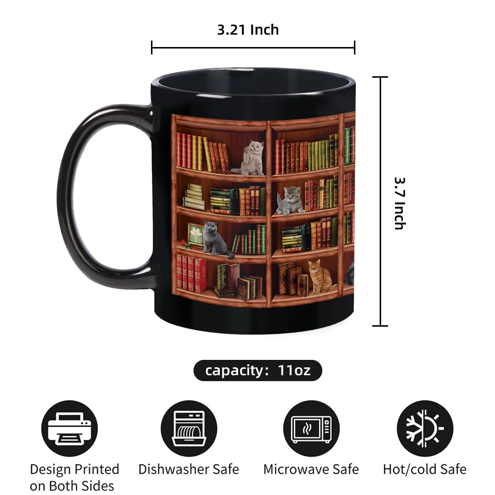 BORULEEY Taza con dibujo de libros y gatos, detalle encantador para lectores.