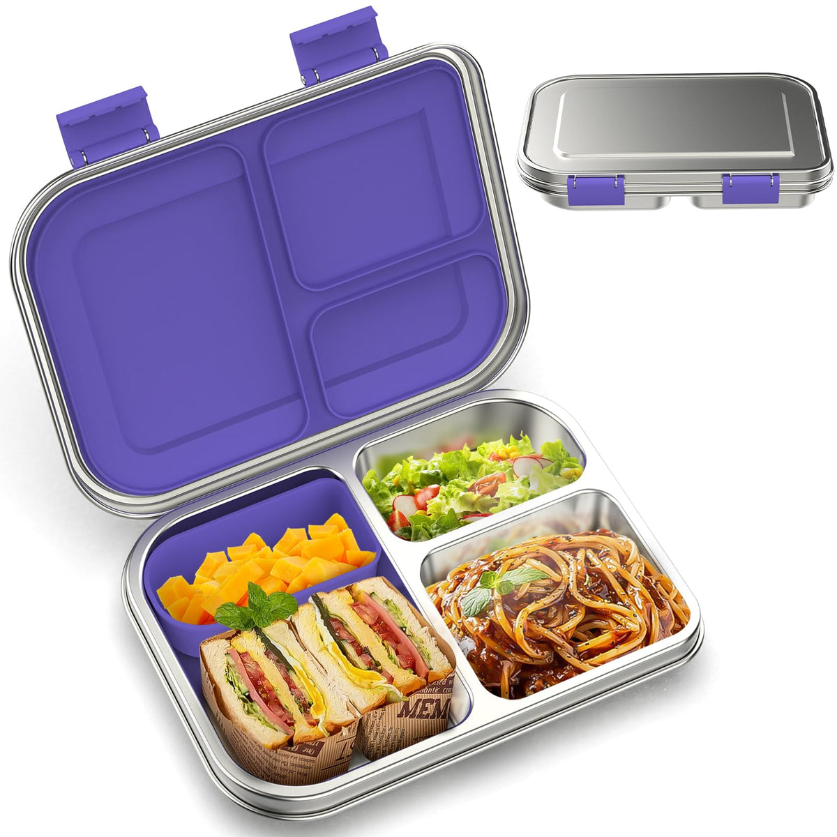 BOSEDSANG lonchera de acero inoxidable, 3 compartimentos para almuerzos organizados.
