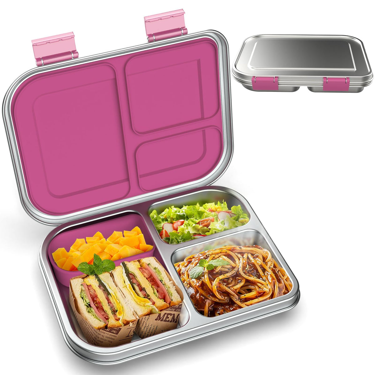 BOSEDSANG lonchera inoxidable con 3 compartimentos, ideal para comidas escolares.