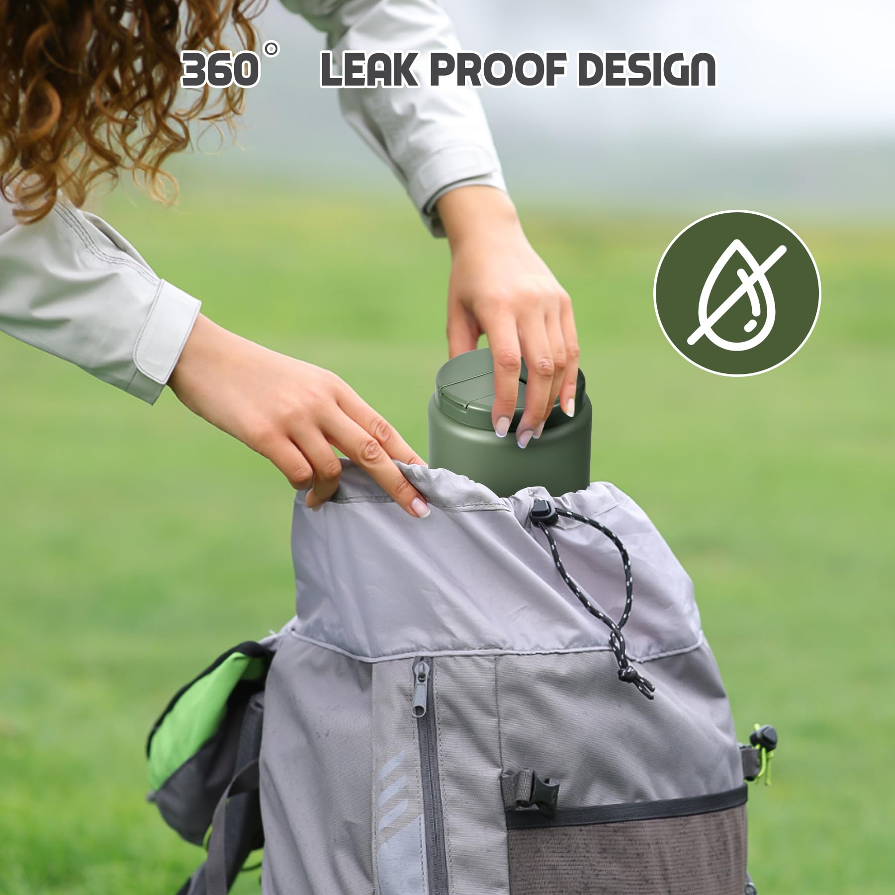 BOSEDSANG termo-verde 26oz, ideal para meriendas al aire libre.
