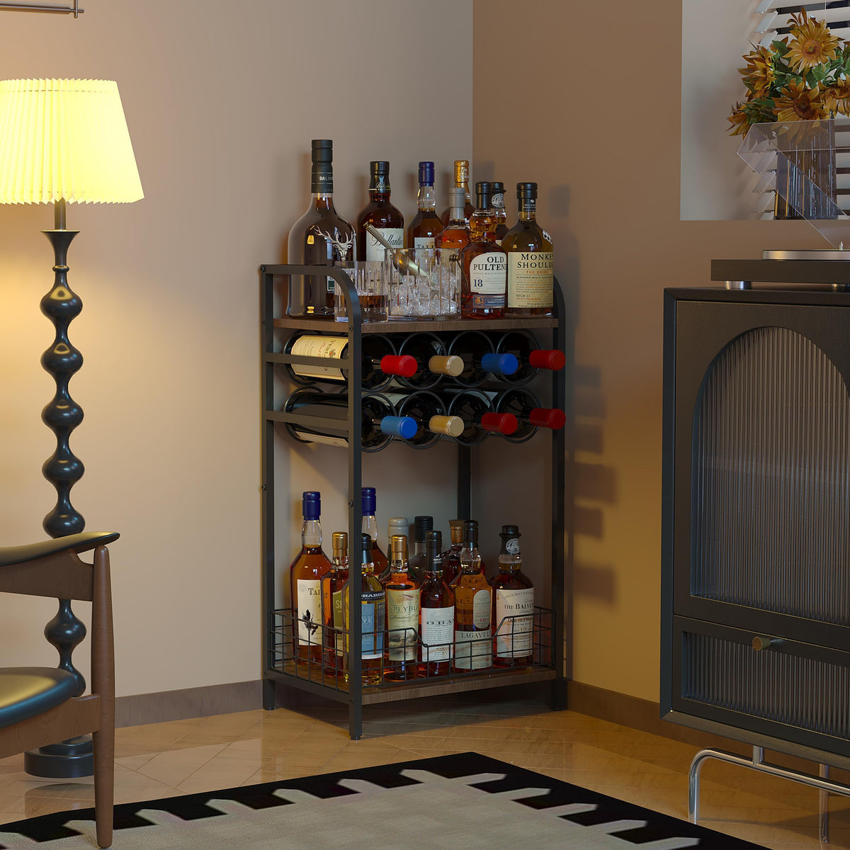 Bosimeca estantería vinos 3 niveles para salón, acceso rápido a las botellas.