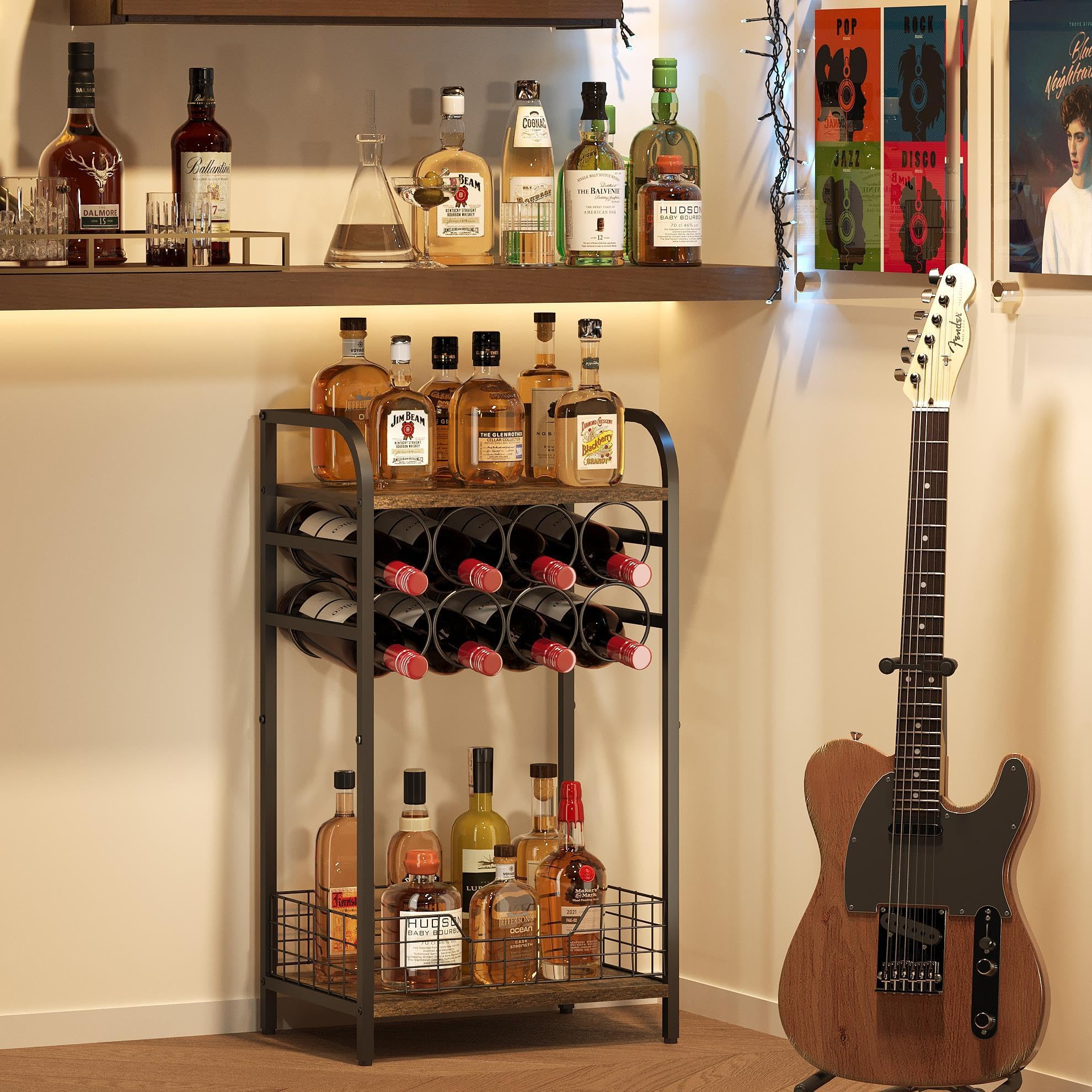 Bosimeca mesa bar compacta 8 botellas, ideal para rincones pequeños.
