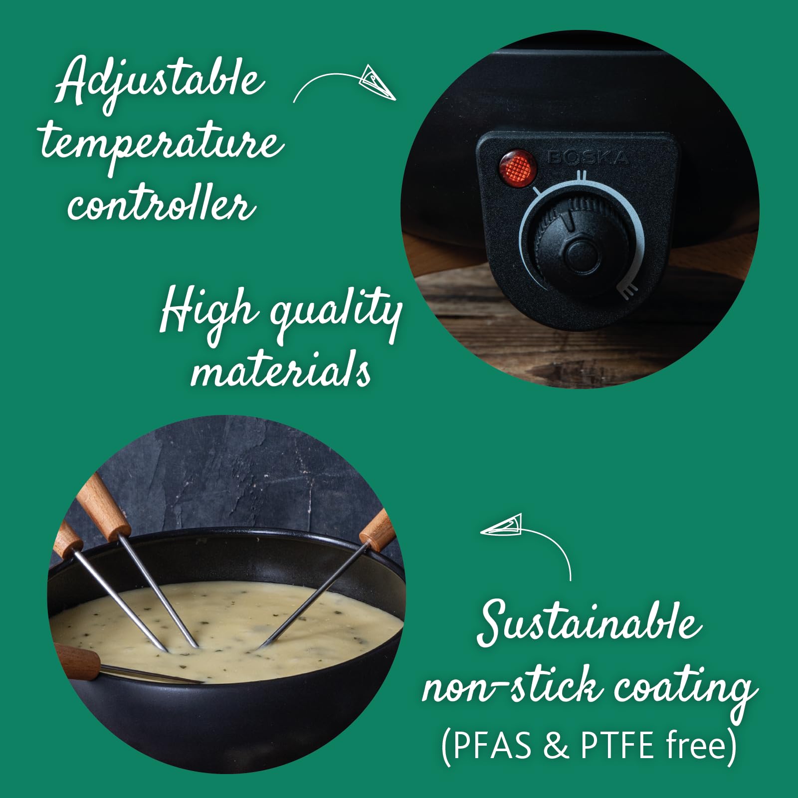 Boska fondue eléctrico recubrimiento antiadherente sin pfas-ptfe facilita la limpieza.