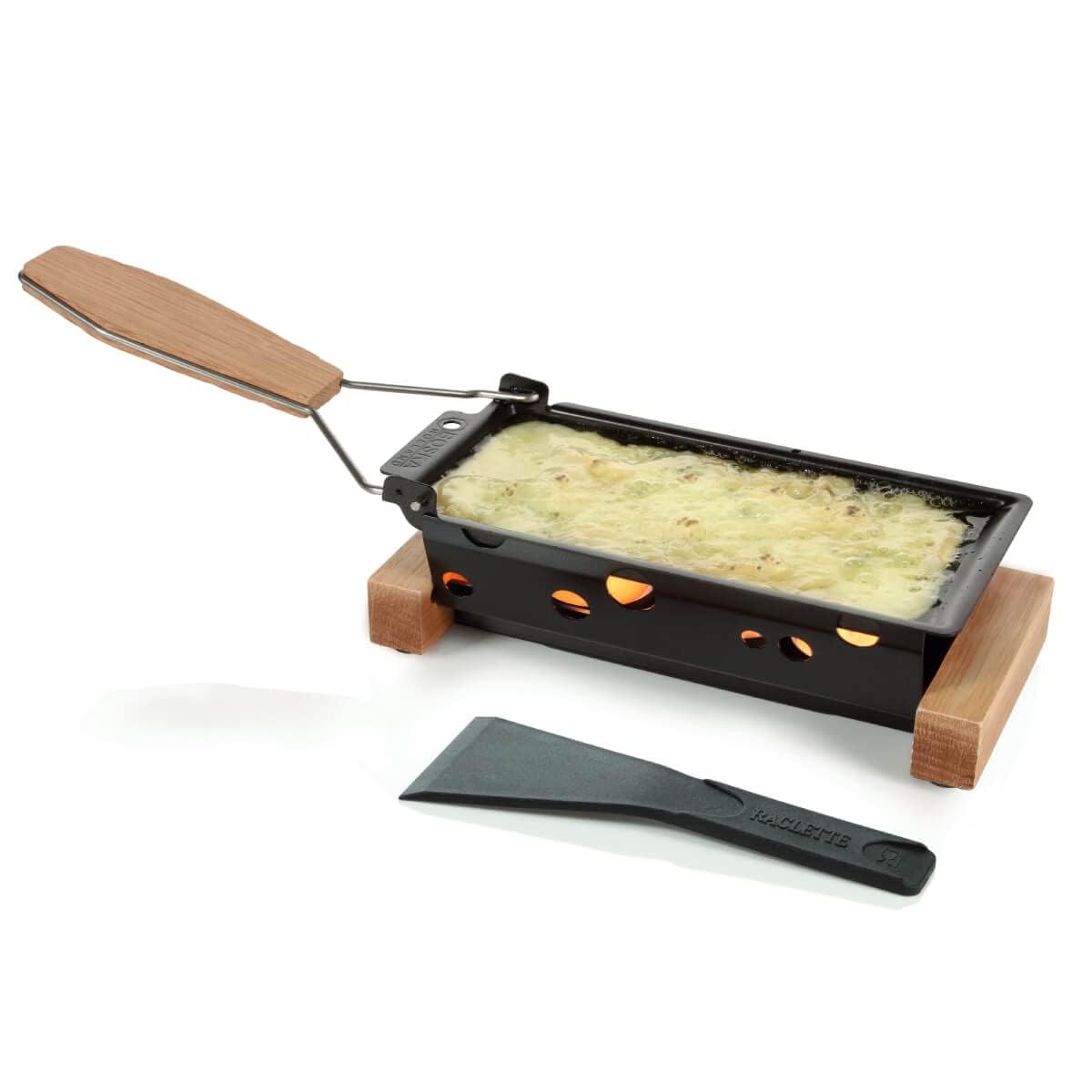 Boska Raclette Portátil con marco de roble, ideal para reuniones al aire libre.