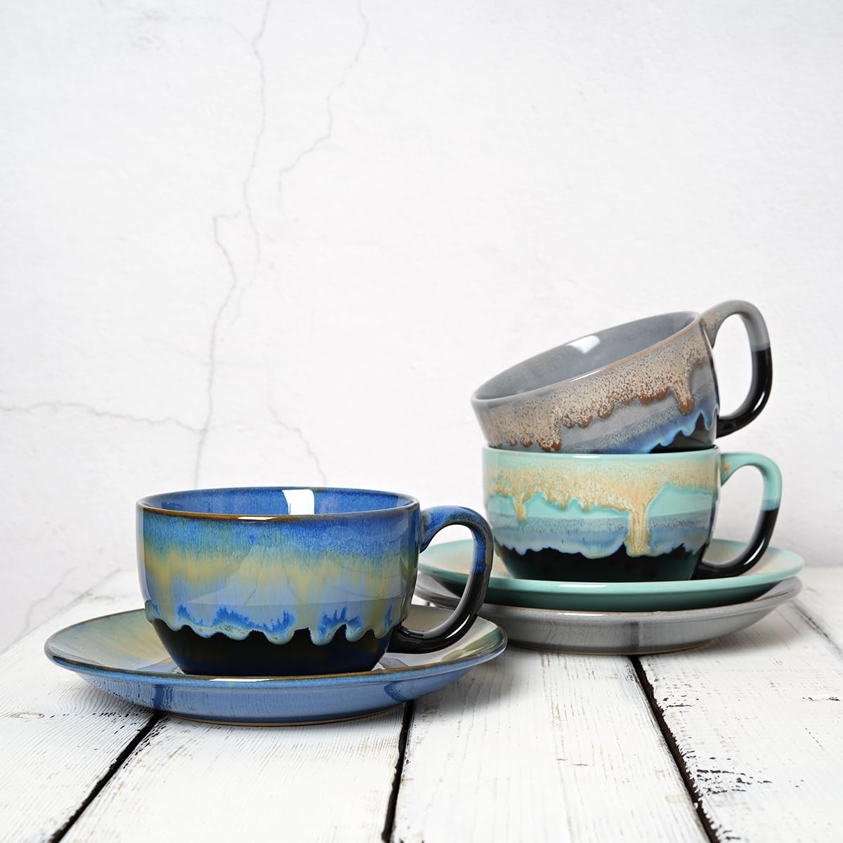 Bosmarlin juego de tazas cappuccino cerámica azul pastel para compartir