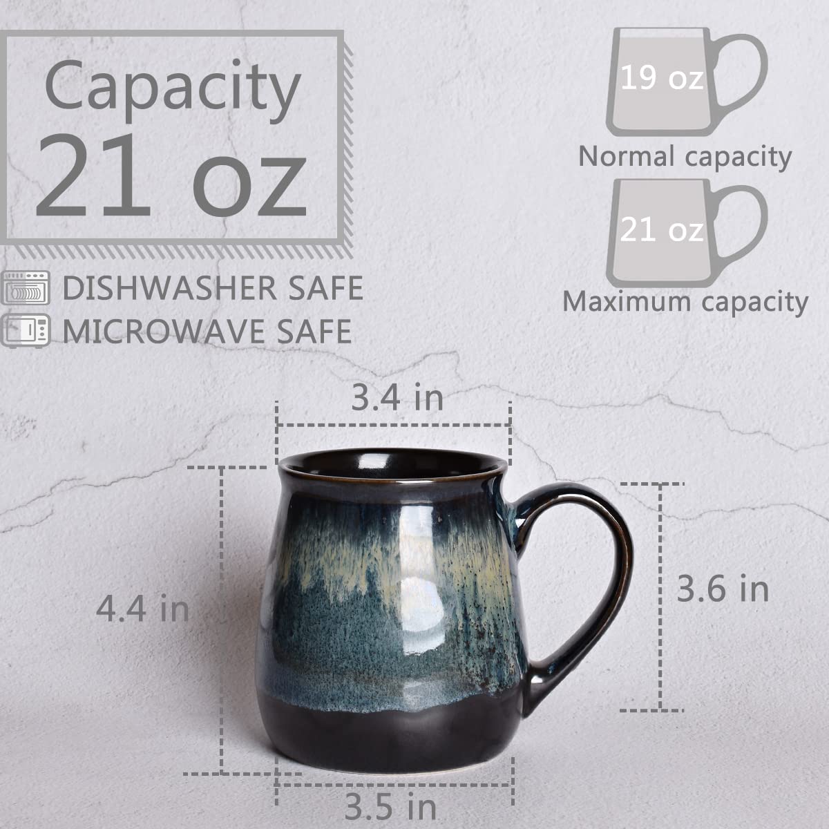 Taza Bosmarlin para oficina, cerámica azul profundo con gran capacidad.
