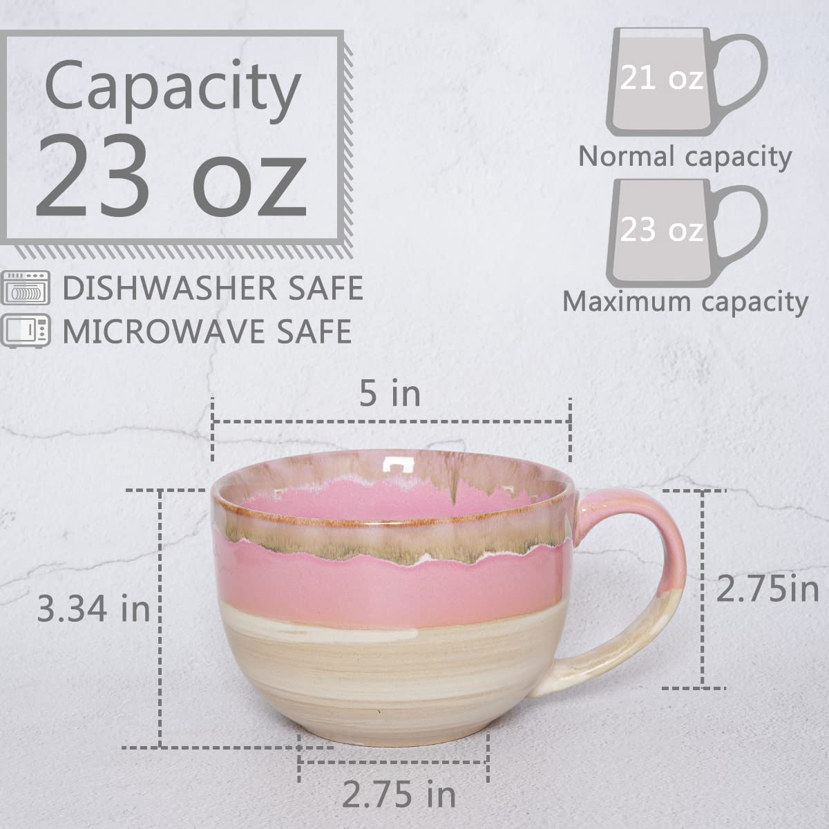 Bosmarlin taza jumbo rosa, asa ergonómica para agarre cómodo