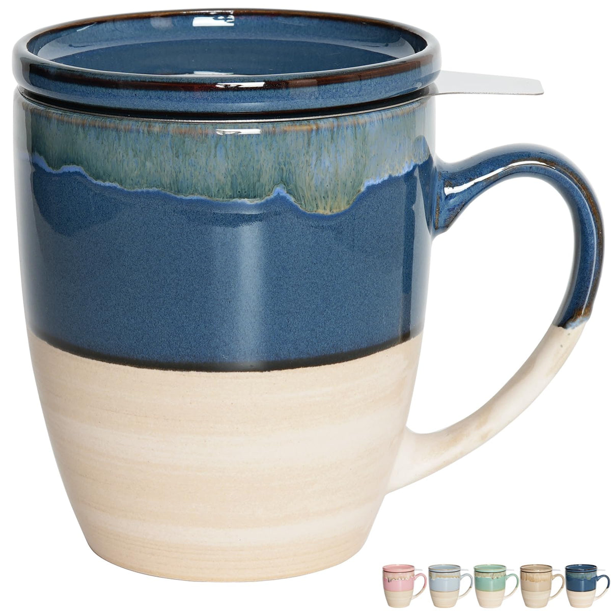 Bosmarlin taza de té cerámica con infusor y tapa, ideal para infusionar hierbas