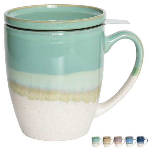 Taza Bosmarlin de cerámica con infusor y tapa en verde menta.