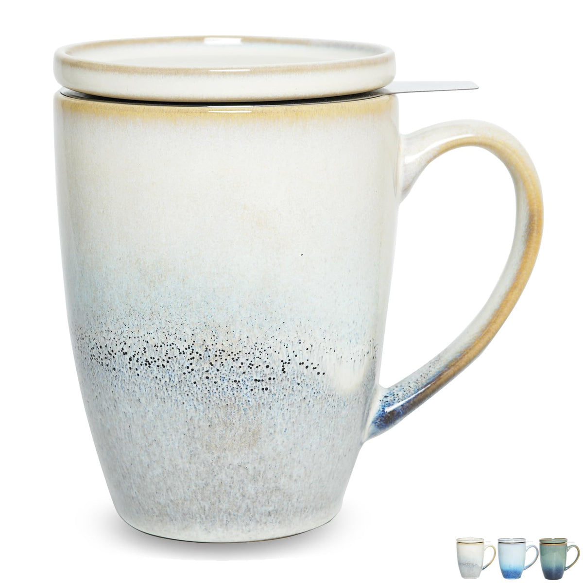 Bosmarlin, taza de té cerámica con infusor y tapa gris/blanco, ideal para infusiones prolongadas.