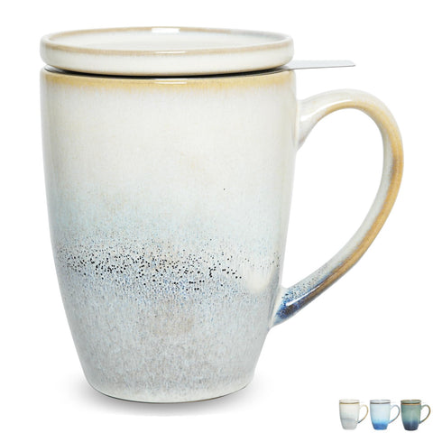 Bosmarlin, taza de té cerámica con infusor y tapa gris/blanco, ideal para infusiones prolongadas.