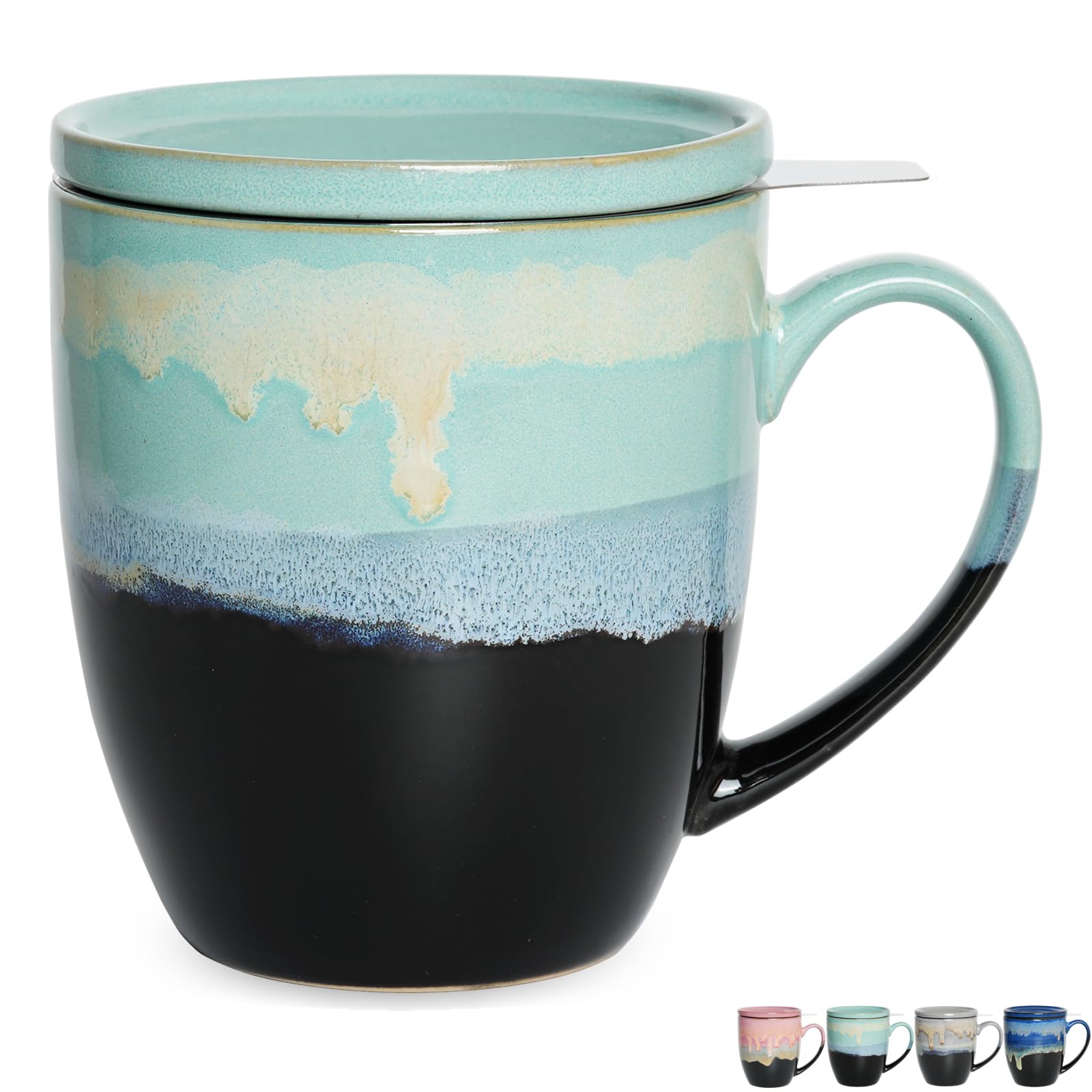 Bosmarlin Taza de cerámica con infusor y tapa azul pastel, para infusionar té en casa.