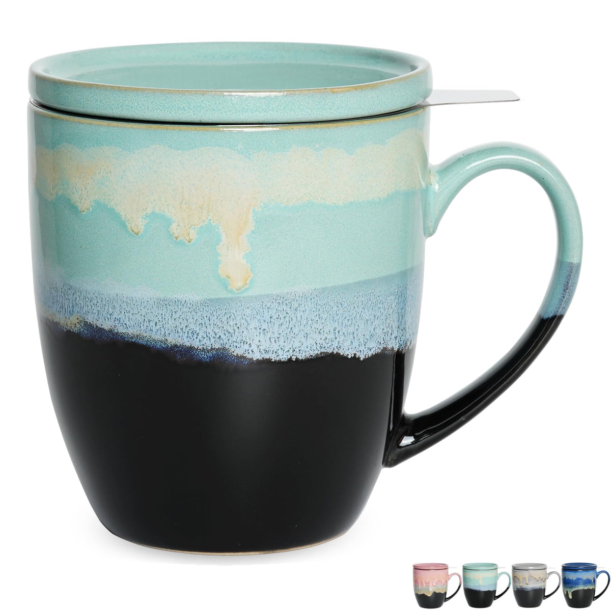Bosmarlin Taza de cerámica con infusor y tapa azul pastel, para infusionar té en casa.