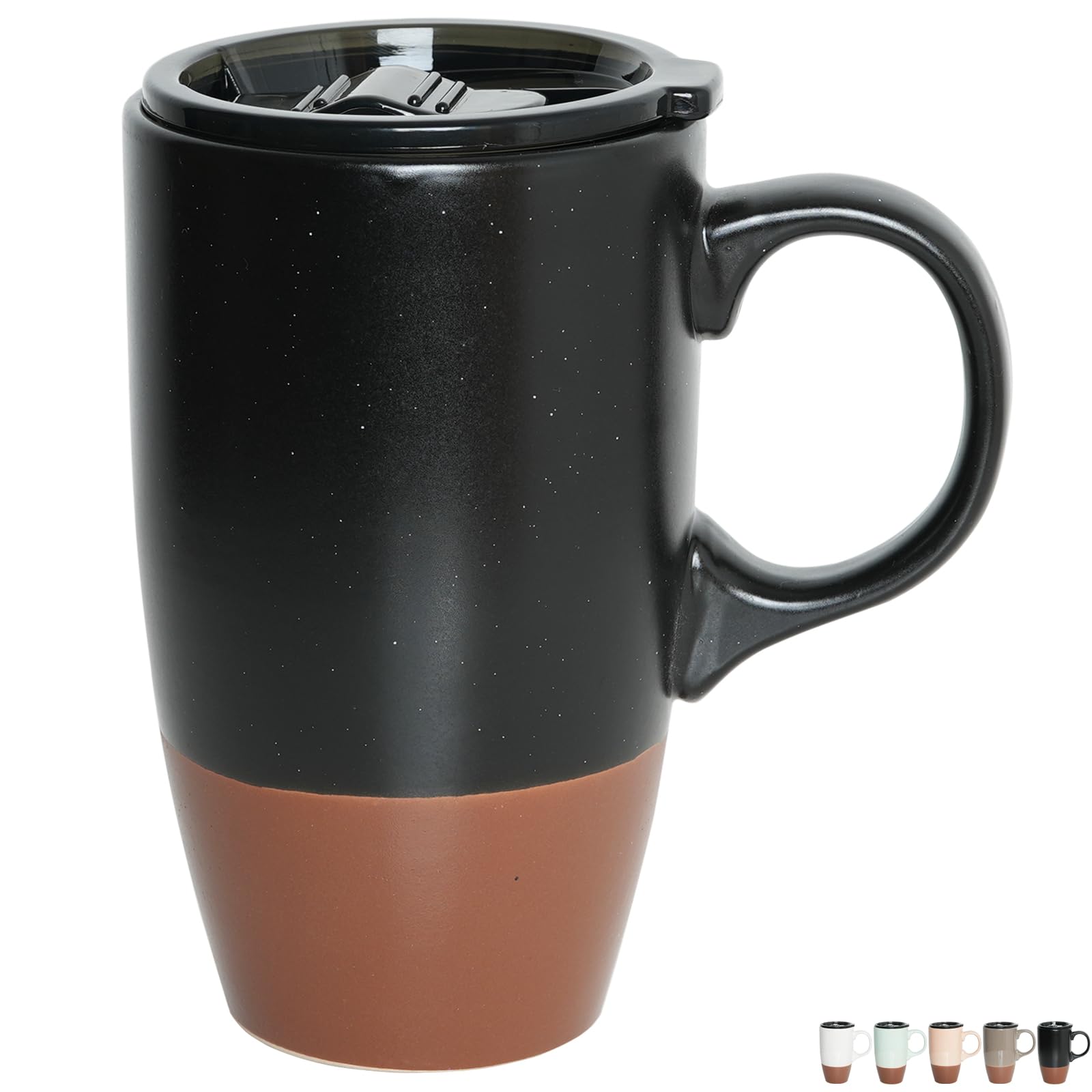 Bosmarlin taza de viaje cerámica 18 oz negra con mango y tapa, ideal para café en movimiento.