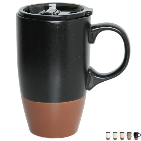 Bosmarlin taza de viaje cerámica 18 oz negra con mango y tapa, ideal para café en movimiento.