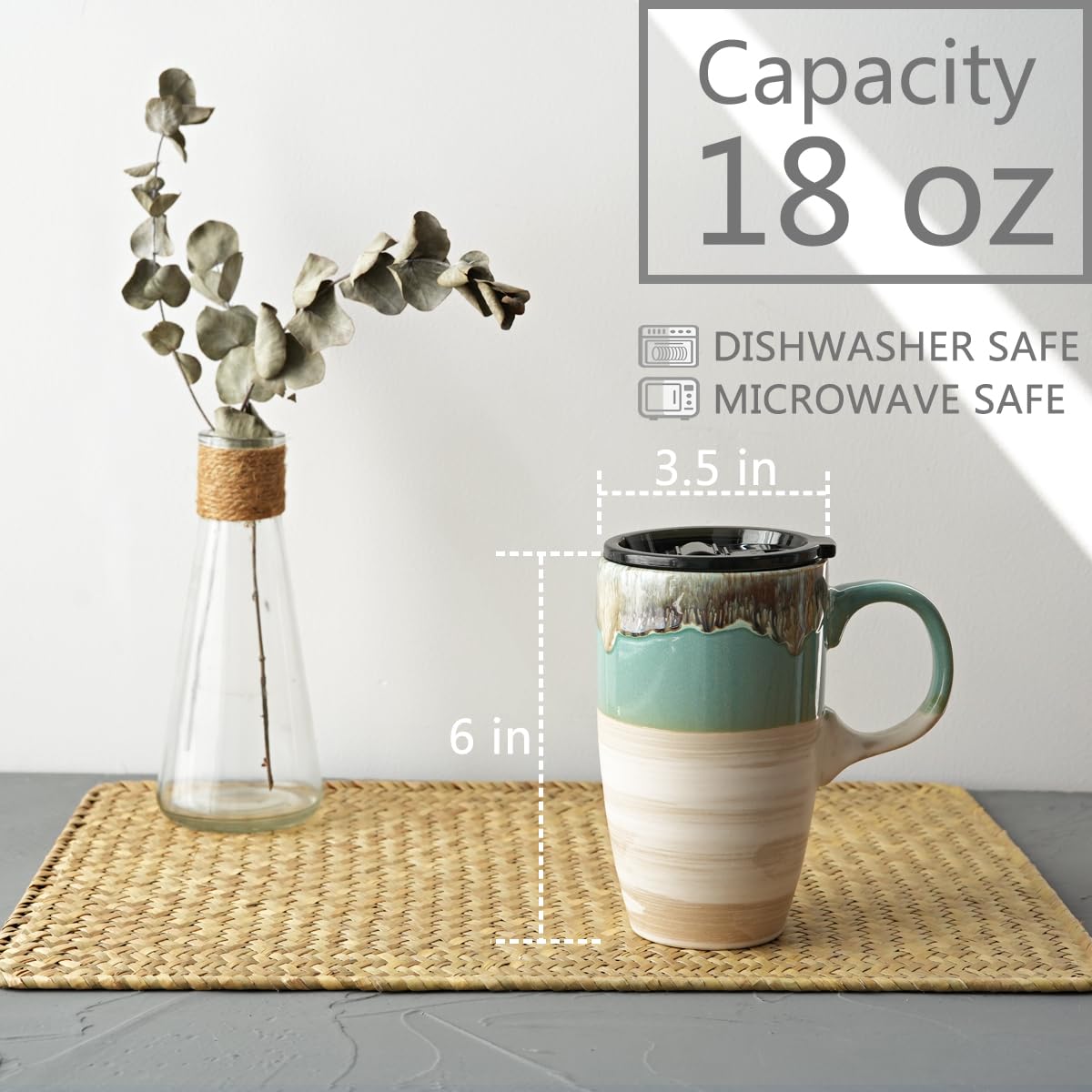 Bosmarlin taza cerámica de viaje con tapa cerrada, derrames controlados