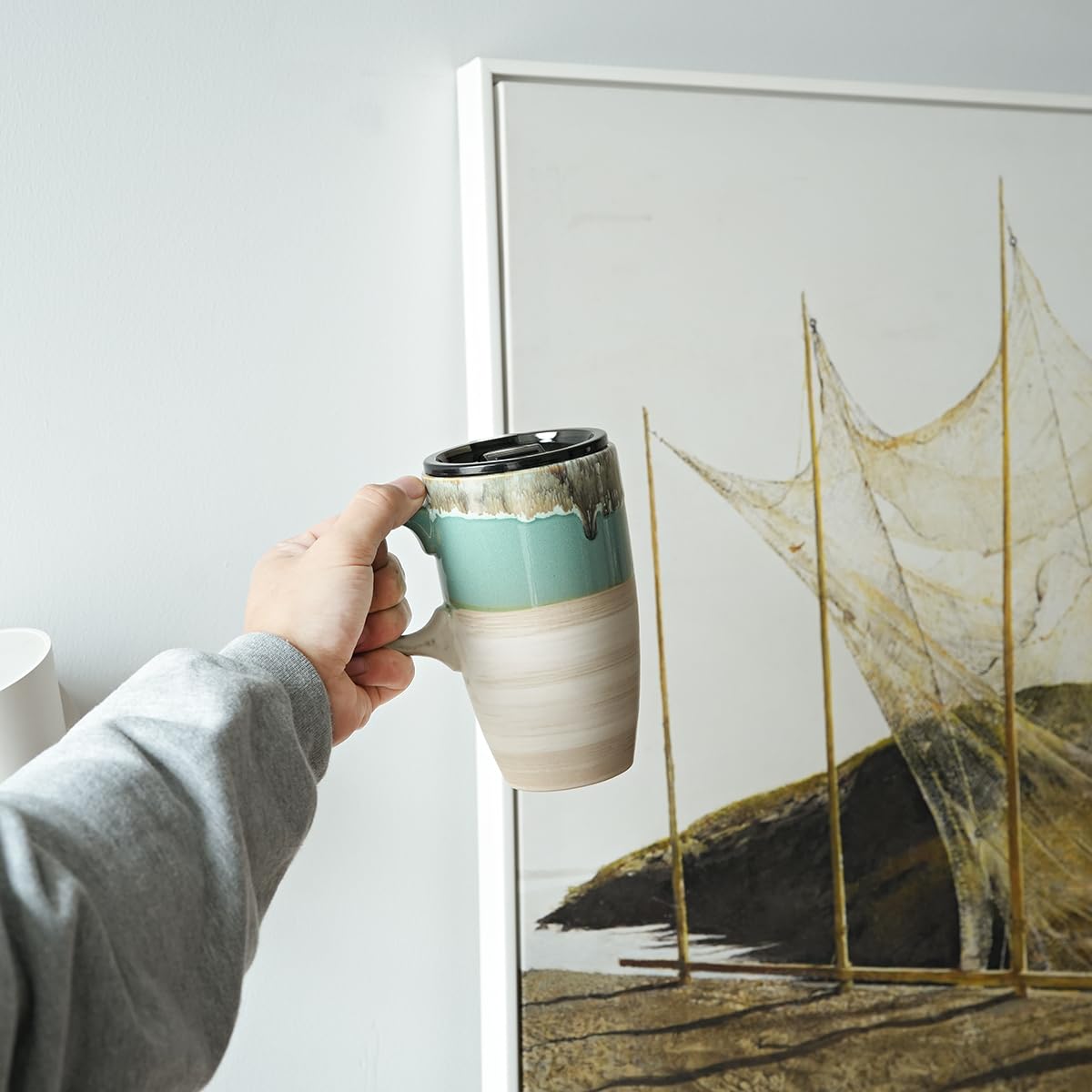 Bosmarlin taza cerámica en coche junto a portavasos, transporte seguro