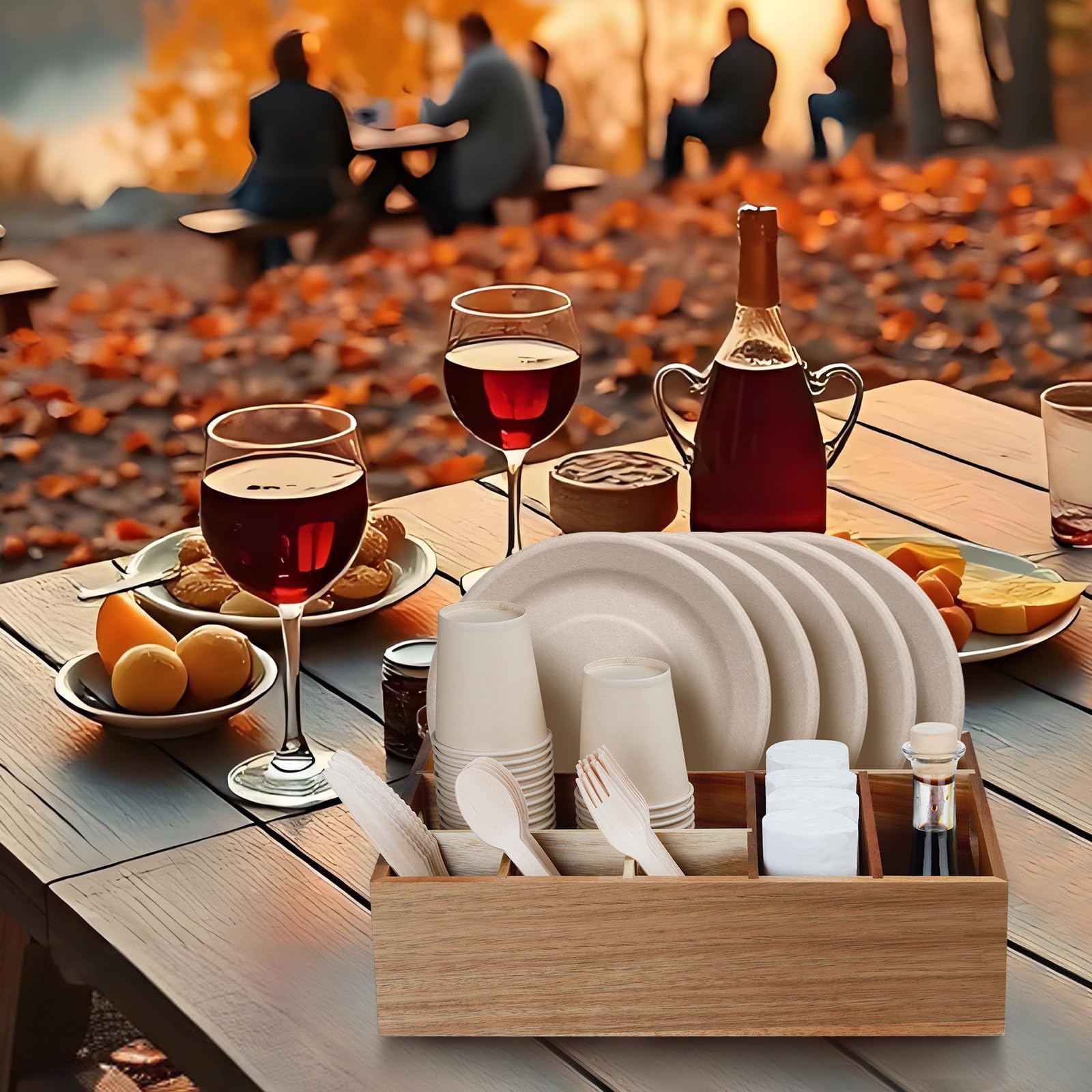 BOTOP bandeja para platos y cubiertos de acacia, ideal para fiestas y picnics.