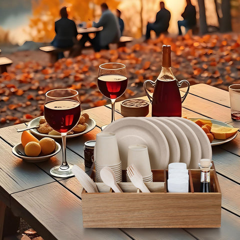 BOTOP bandeja para platos y cubiertos de acacia, ideal para fiestas y picnics.