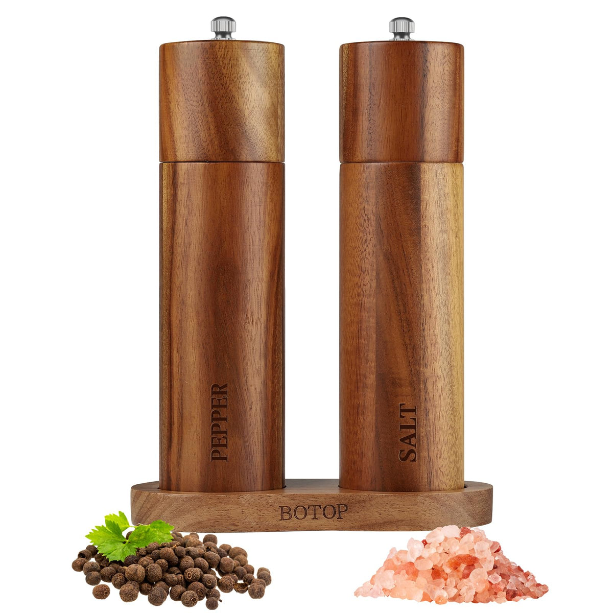 Molinillos BOTOP de sal y pimienta en base de acacia, almacenamiento elegante.