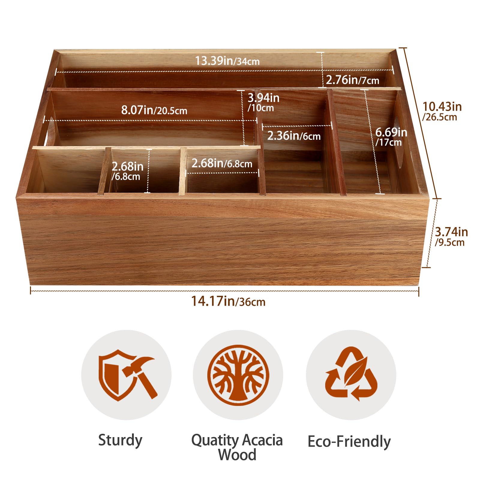 BOTOP organizador de cubiertos de acacia para encimeras limpias y ordenadas.
