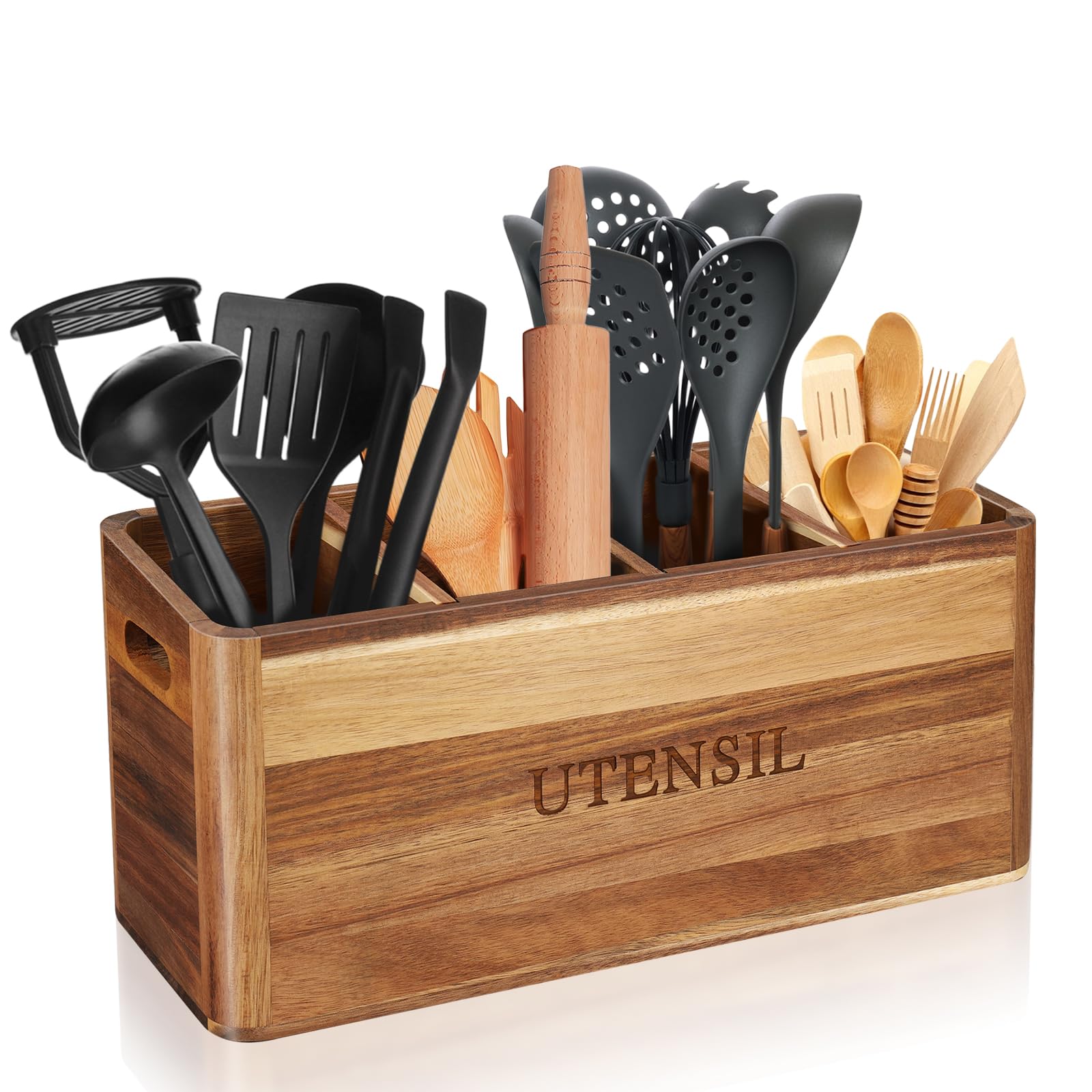 BOTOP porta-utensilios de acacia con cuatro compartimentos para organización