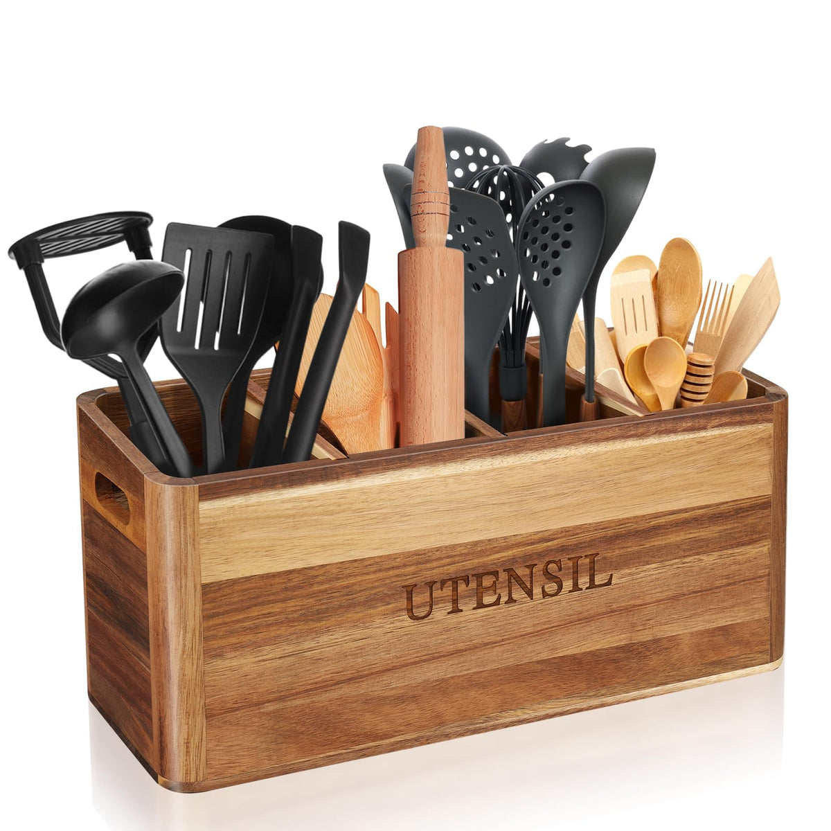BOTOP porta-utensilios de acacia con cuatro compartimentos para organización