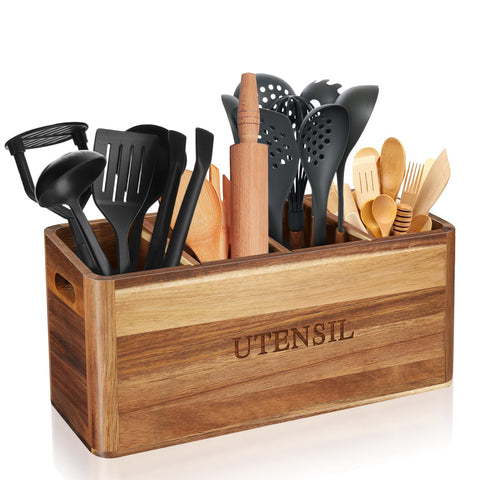 BOTOP porta-utensilios de acacia con cuatro compartimentos para organización