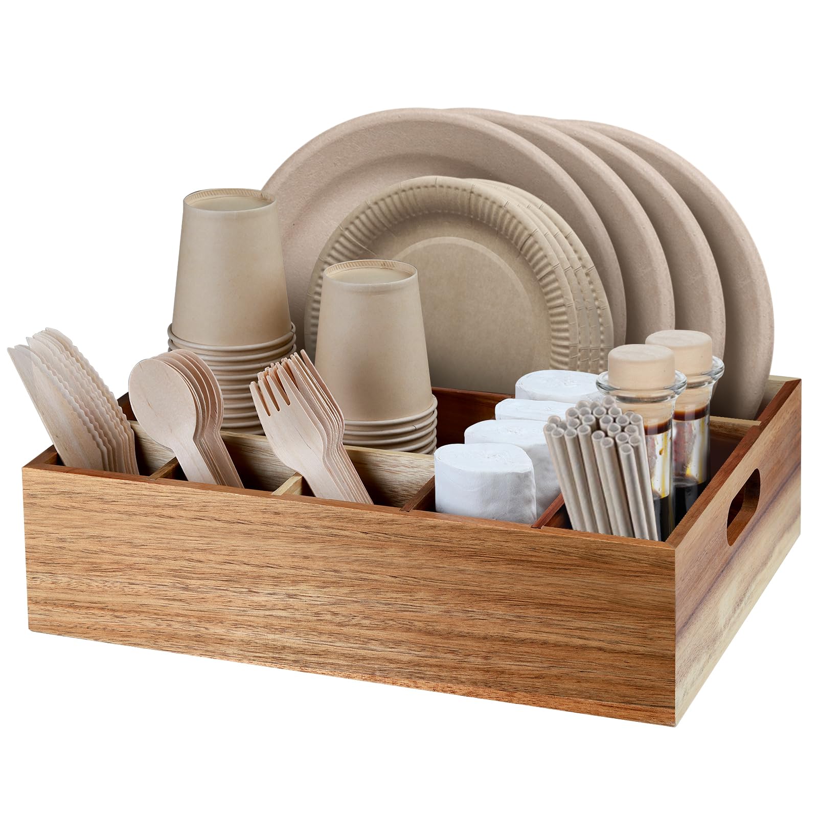 BOTOP porta-utensilios de acacia con seis compartimentos para ordenar cubiertos.
