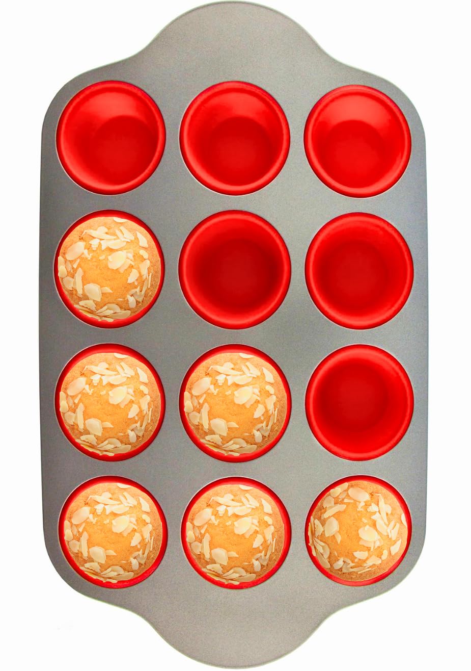 Boxiki Kitchen molde magdalenas silicona 12 copas con marco de acero, desmolde fácil