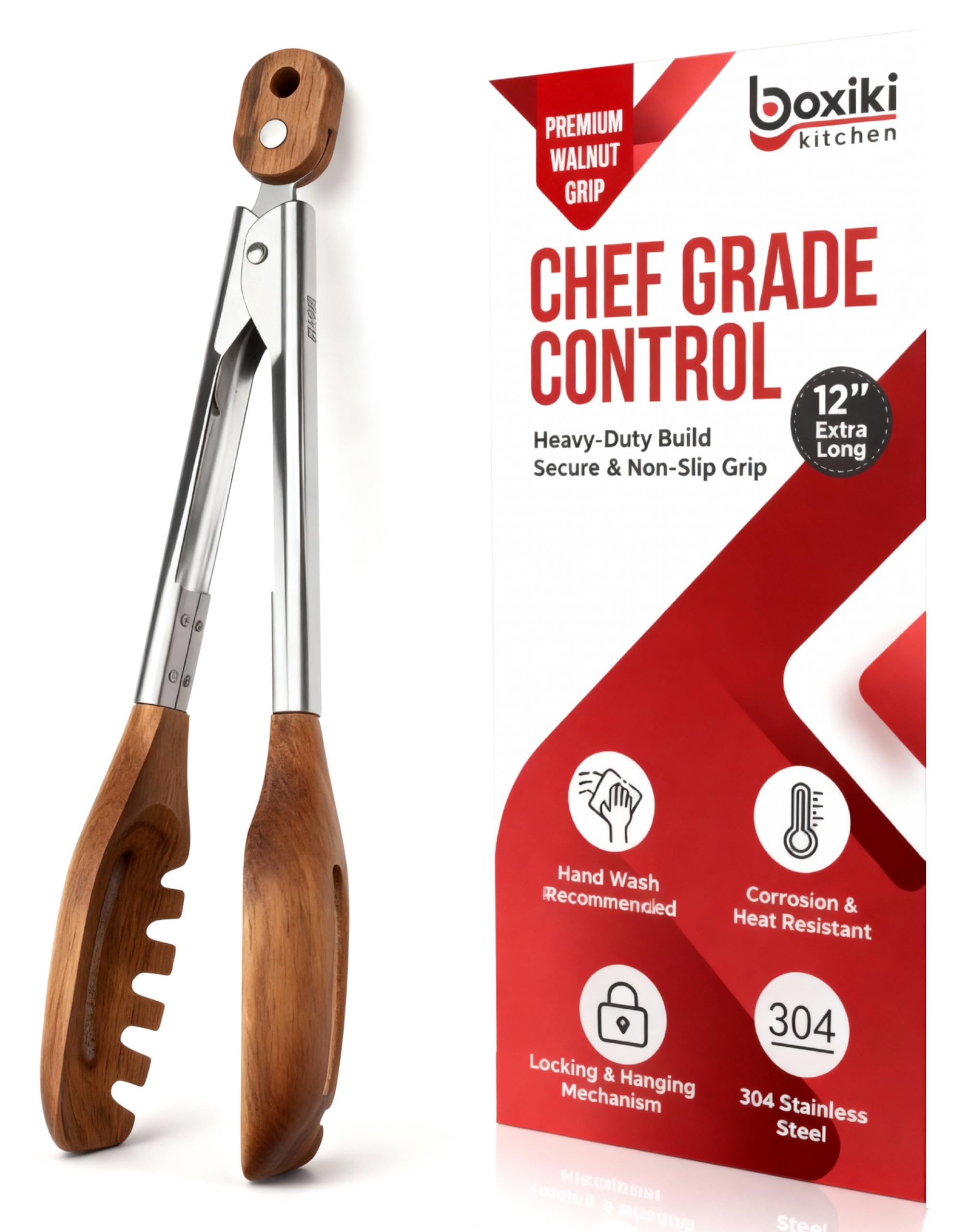 Pinzas Boxiki Kitchen 3 en 1 de nogal, diseño ergonómico para uso diario.
