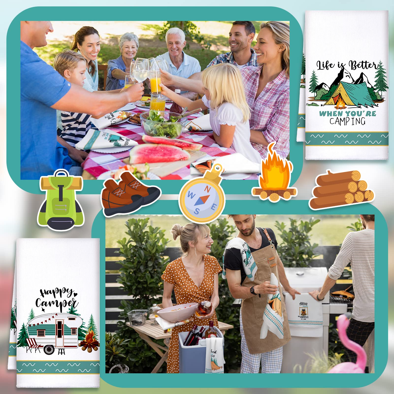 Boyiee toallas de camping con diseño fogata, ideales para secar platos al aire libre.