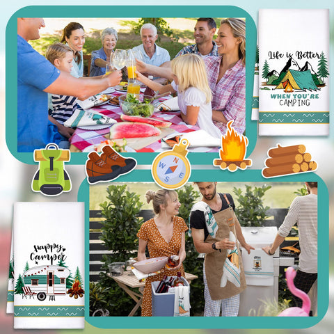 Boyiee toallas de camping con diseño fogata, ideales para secar platos al aire libre.