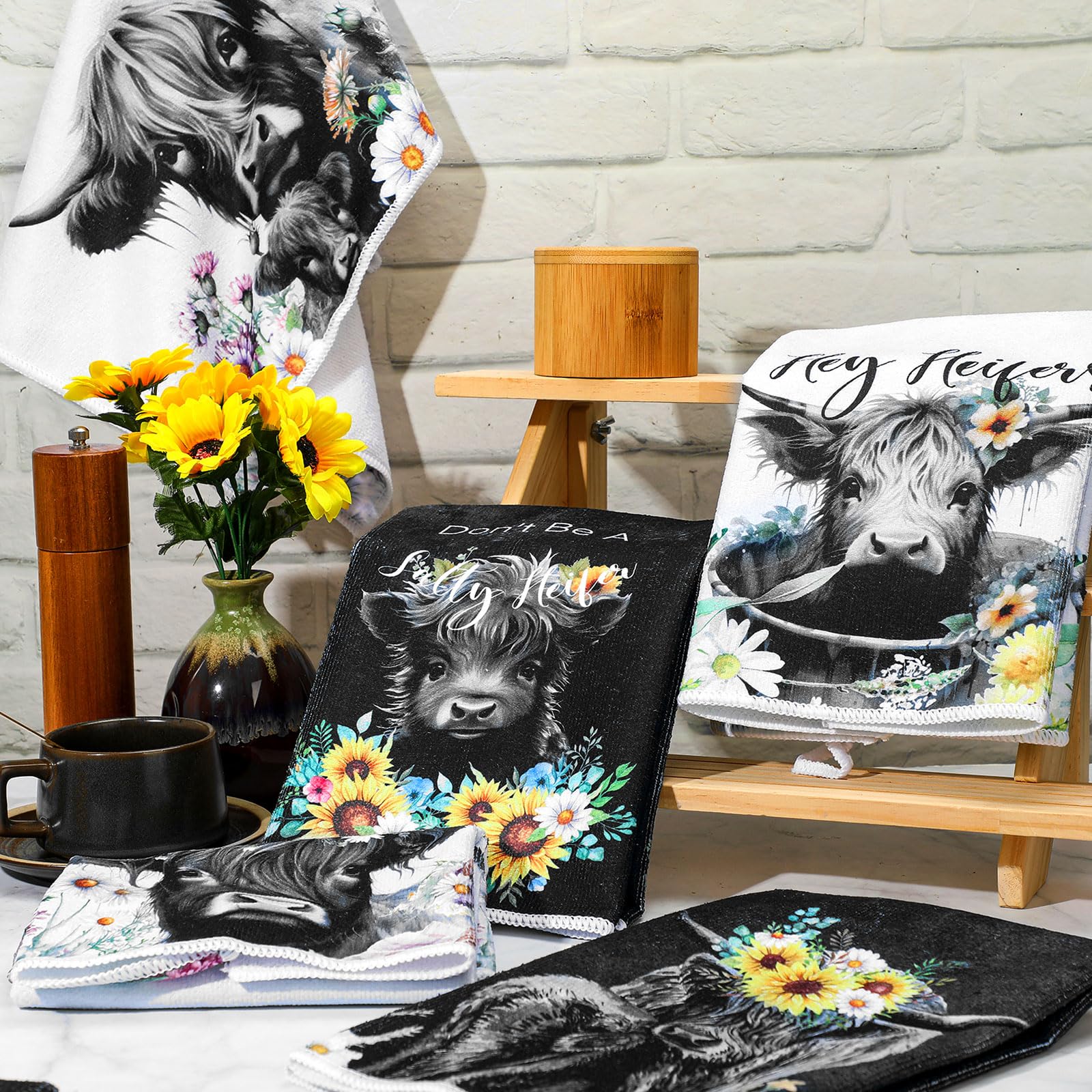 Toallas Boyiee de vacas tierras altas con diseño colibri, ideales para secar utensilios y limpiar superficies.