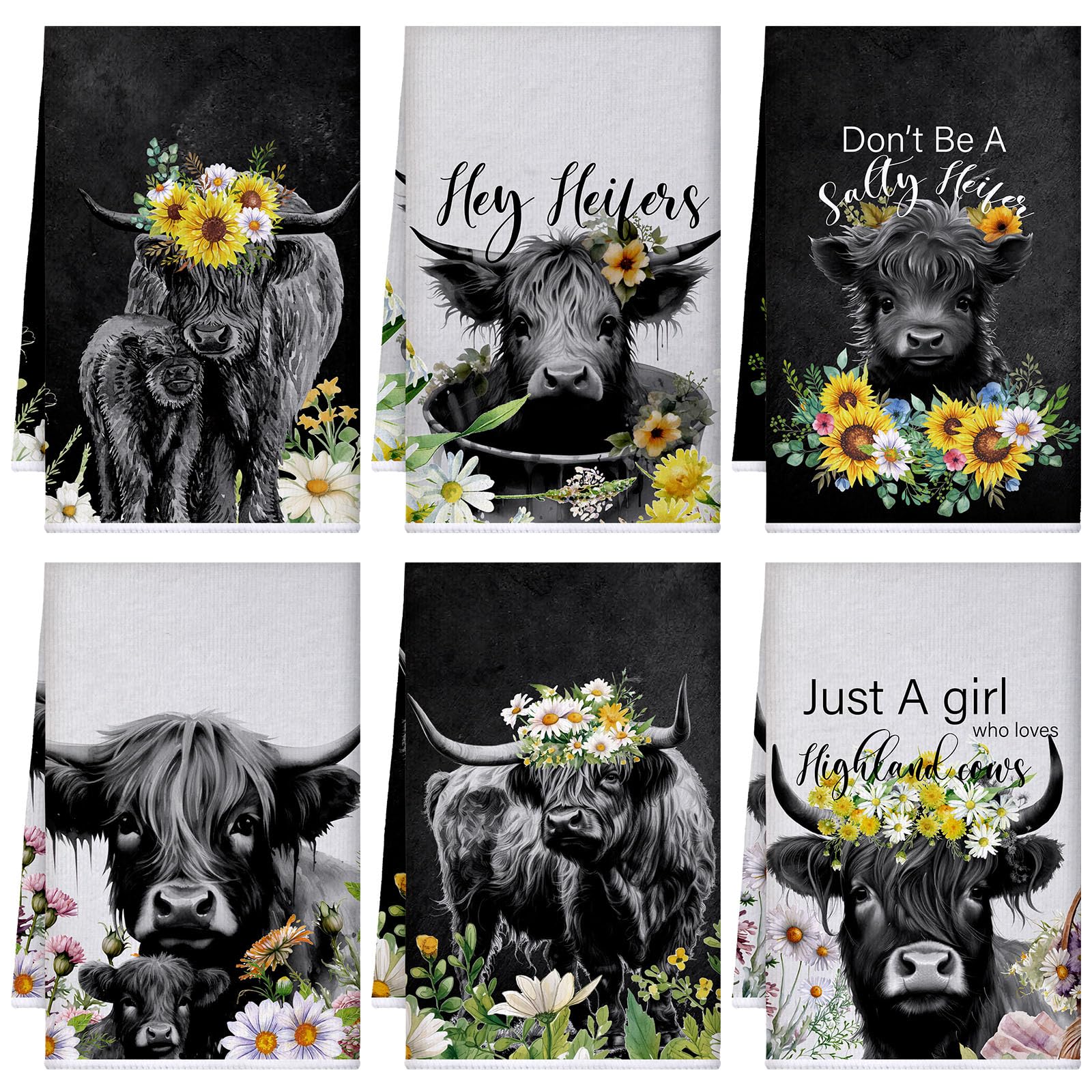 Toallas Boyiee de vacas tierras altas con diseño pajaro azul, absorbentes y suaves para la cocina.