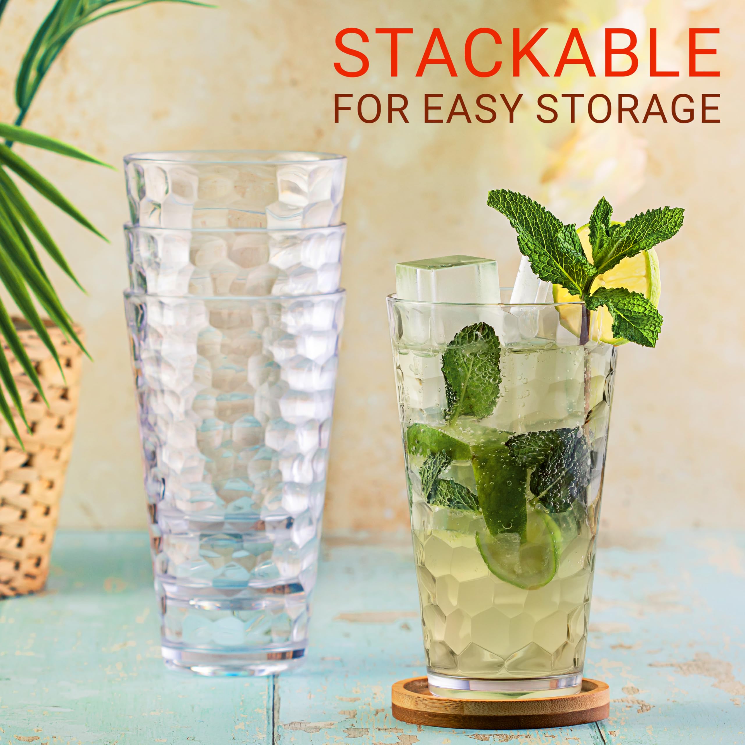 Bravario Vaso Alto, diseño martillado, ideal para bebidas frías.