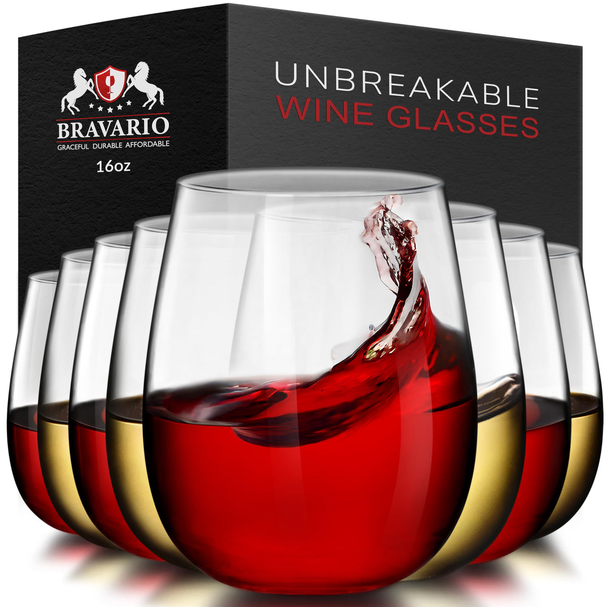 Bravario Vaso Vino inquebrantable de 16oz, conjunto de 8 para uso diario