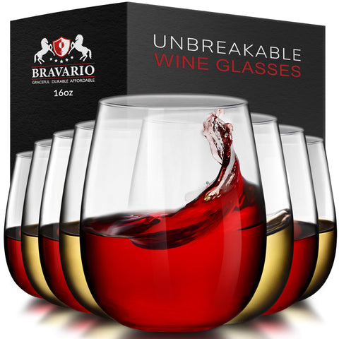 Bravario Vaso Vino inquebrantable de 16oz, conjunto de 8 para uso diario